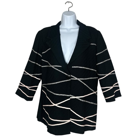 Ming Wang Jackets & Blazers - Ming Wang Knit Jacket Black Gray Pink Abstract Line Single Button Womens Size L